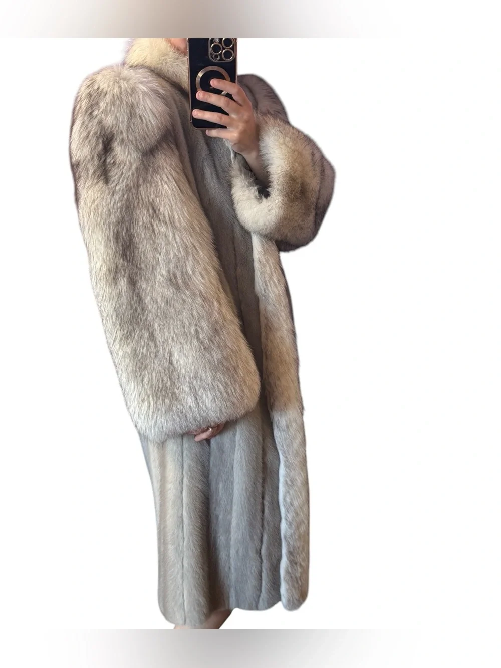 Luxury Women's Long silver sapphire blue fox Fur Coat - Light Gray - Picture 3 of 17